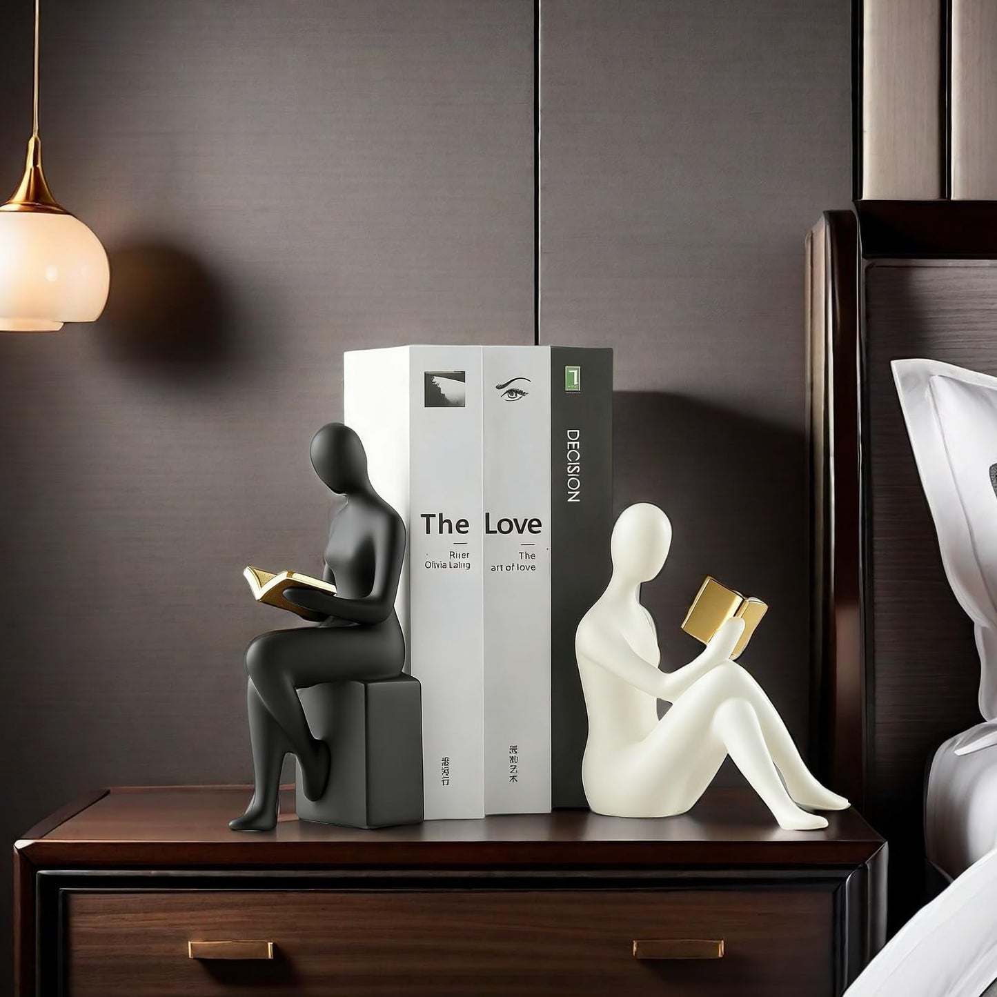Home Decorative Reading Women Girl Statue Bookends Elegant Resin Bookshelf Room Office Desk Decor,Paper Weights, Book Ends,Bookend Supports, Book Stoppers, Set of 2 (Black and White)