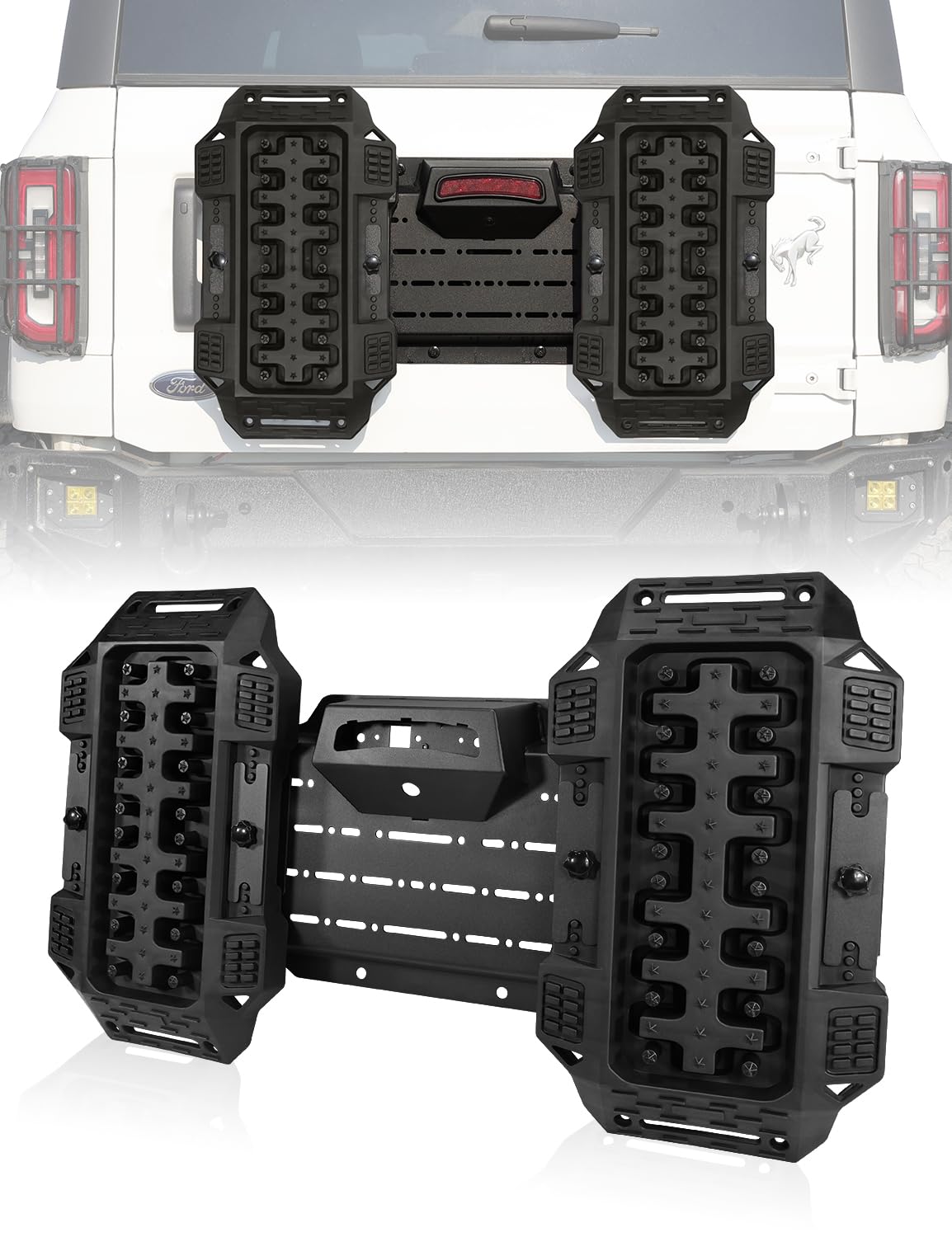 JROAD Bronco Rear Spare Tire Delete Frame w/Recovery Boards for Bronco 2021+ Accessories|Integrates Backup Camera Hole,Brake Light Bracket,Rear License Plate,Tailgate Vent Cover,DIY Shelf Board