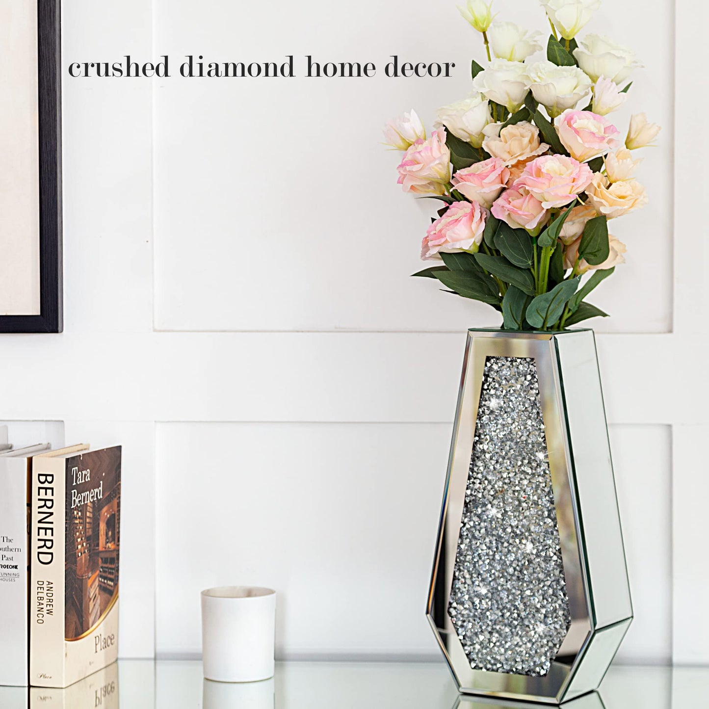 Crushed Diamond Mirrored Flower Vase Large Glass Vase Modern Crystal Decorative Mirror Vases Stunning Luxury Tall Floor Vase for Centerpieces Flowers Home Decor, Silver, 14" H. Can’t Hold Water.