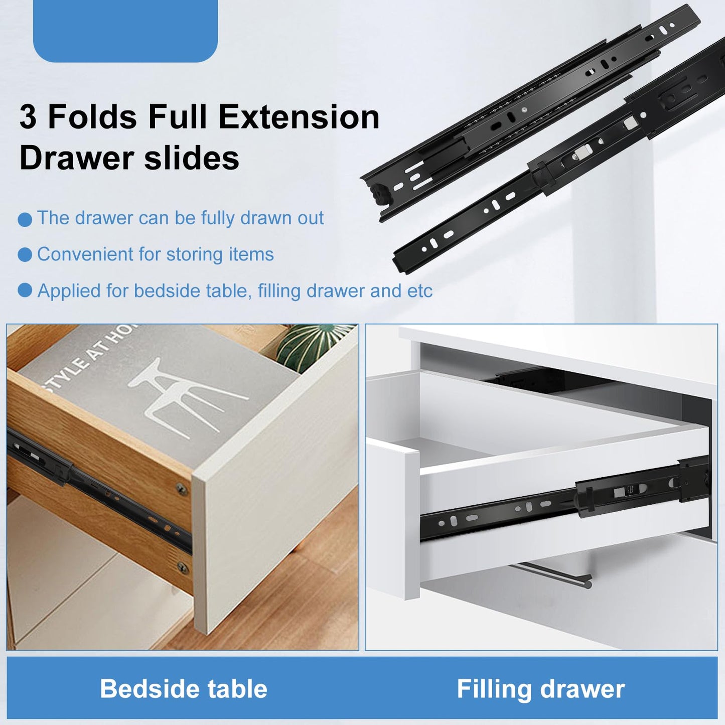 Sulawskys 16 Inch Drawer Slides, 6 Pairs (12 Pcs) Full Extension Ball Bearing Rails, Side Mount Heavy Duty 100 LB Capacity Metal Runners for Kitchen Cabinet, Wardrobe Dresser, Zinc Plated Steel Black