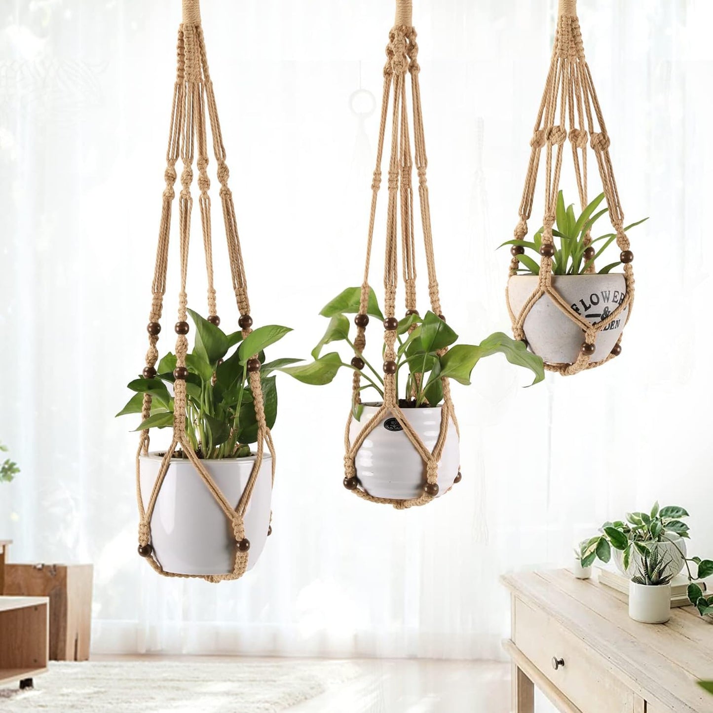 MKO SHUN 3-Pack Macrame Plant Hanger Indoor - Hanging Planter Basket for Indoor Outdoor - Decorative Boho Plant Holders Set with Beads - Ceiling Flower Pot Holder with 6 Hooks - 35"/30"/24" Linen
