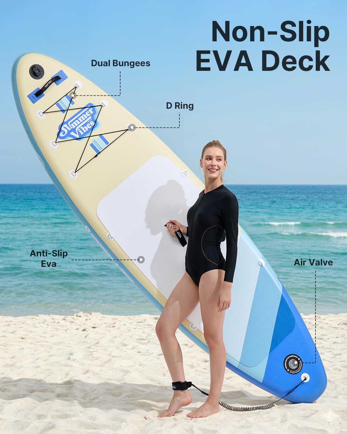 YOTTOY Inflatable Stand Up Paddle Board,Stable Lightweight 10' SUP with Non-Slip EVA Deck, Premium Paddleboard Accessories, Three-Fin System & Carry Bag,All-Around Inflatable SUP (Sky Blue)