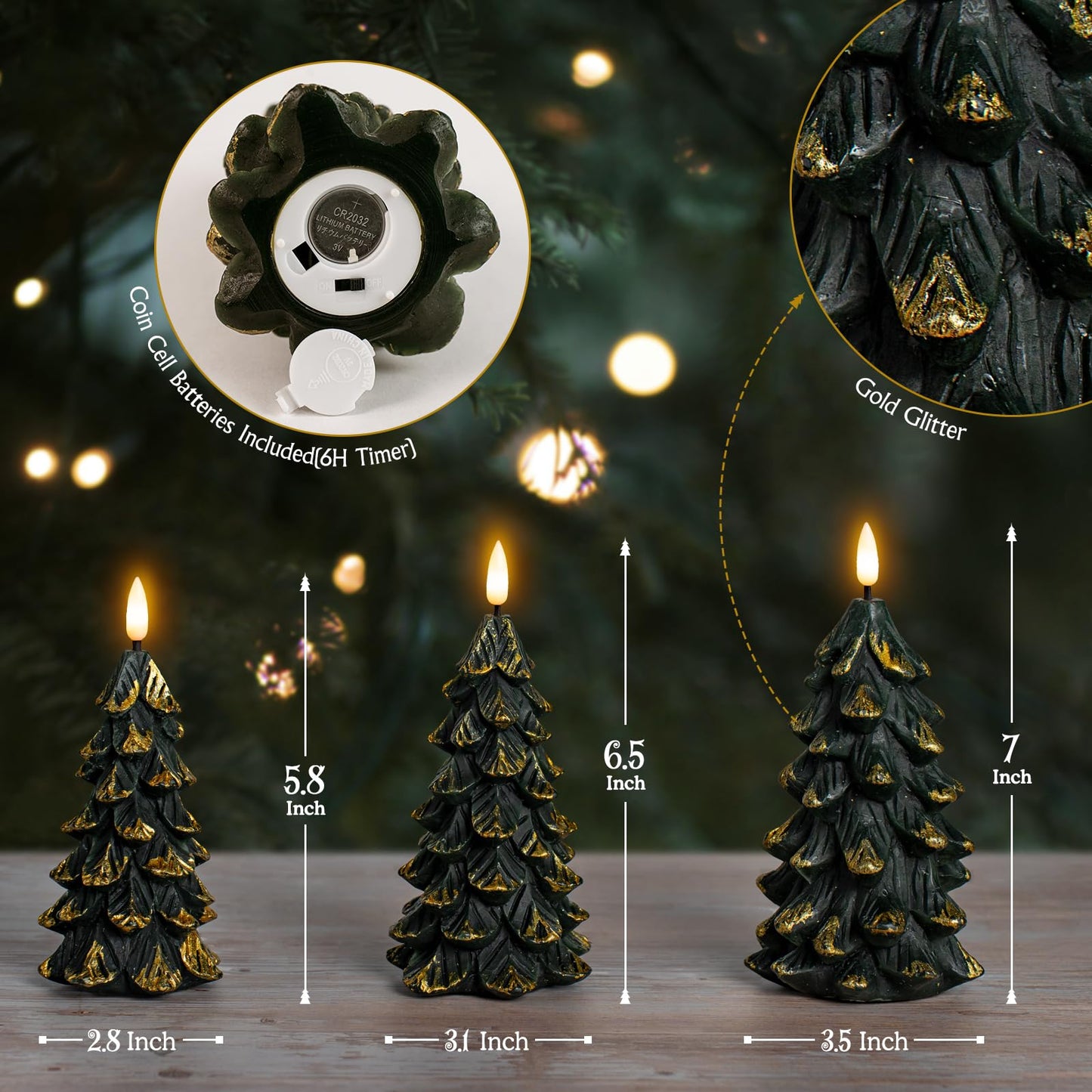 HN HAIINAA Green Christmas Tree Shaped Flameless Candles with Timer, Real Wax 3D Wick Flickering Battery Operated LED Candles for Christmas Home Party Decoration Set of 3