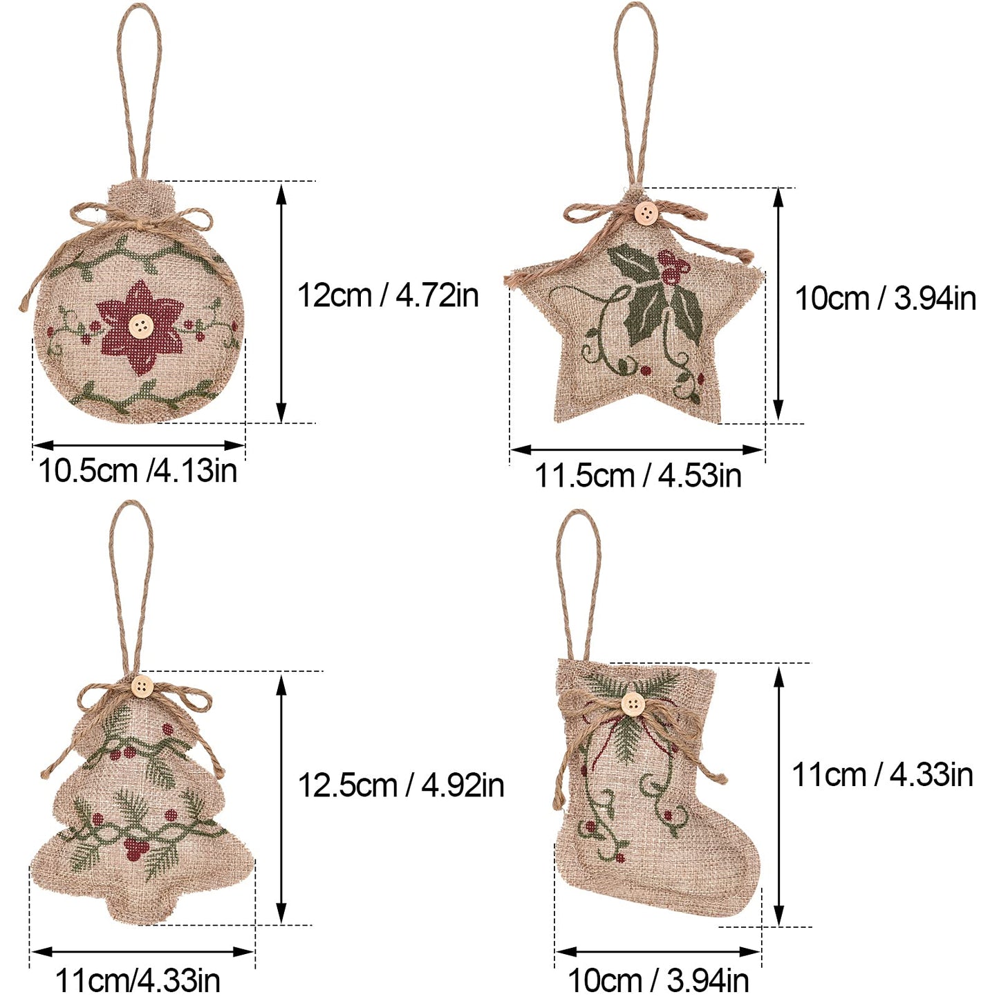 Jetec 12 Pieces Rustic Christmas Burlap Tree Ornaments Farmhouse Hanging Decorations Christmas Stocking Tree Ball Shaped Decor for Party