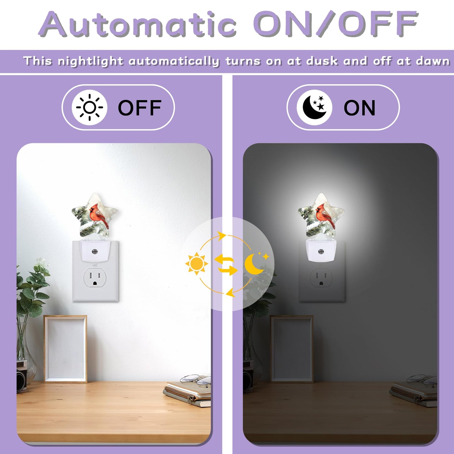 Cardinal Bird Decorative Nightlight Plug in Wall,Christmas Star Shaped Night Light with Built in Sensor for Home Decor,Kitchen Hallway Stairs Desk Lamp