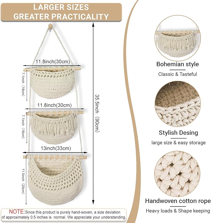 3 Tier Hanging Fruit Baskets for Kitchen, Boho Cotton Rope Handwoven Vegetable