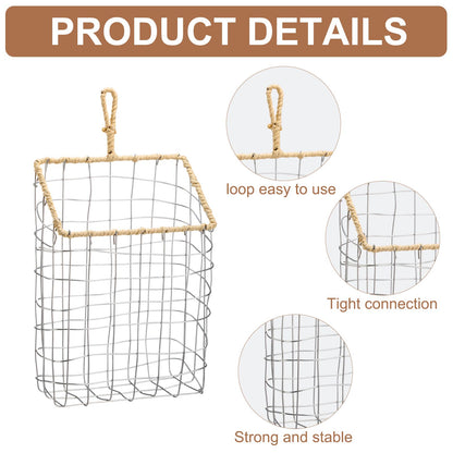 DoubleFill 2 Pcs Hanging Storage Baskets Iron Wire Handwoven Wall Baskets with Wicker Hook Rustic Wall Mounted Organizer for Organizing Mail Files Accessories Kitchen Bathroom Pantry Farmhouse Decor