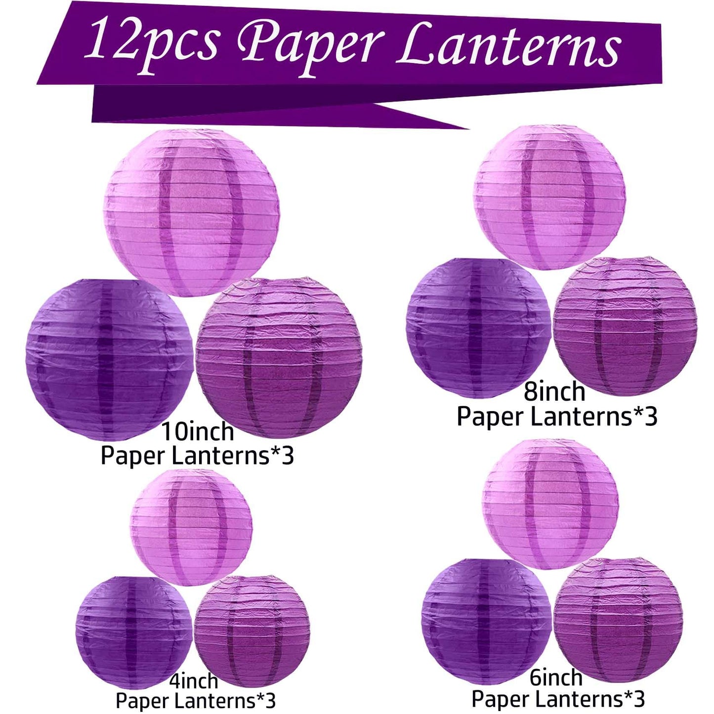KUNYYI Purple Paper Lanterns 12Pcs Hanging Lanterns for Birthday Party, Wedding, Home Decor, Baby Shower Festive Decoration