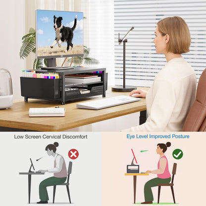 OPNICE Desk Organizers and Accessories, Computer Monitor Stand Riser with Drawer and 2 Pen Holders, Printer & Laptop Stand, Office Desk Accessories & Workspace Organizers for Home Office Supplies, Black