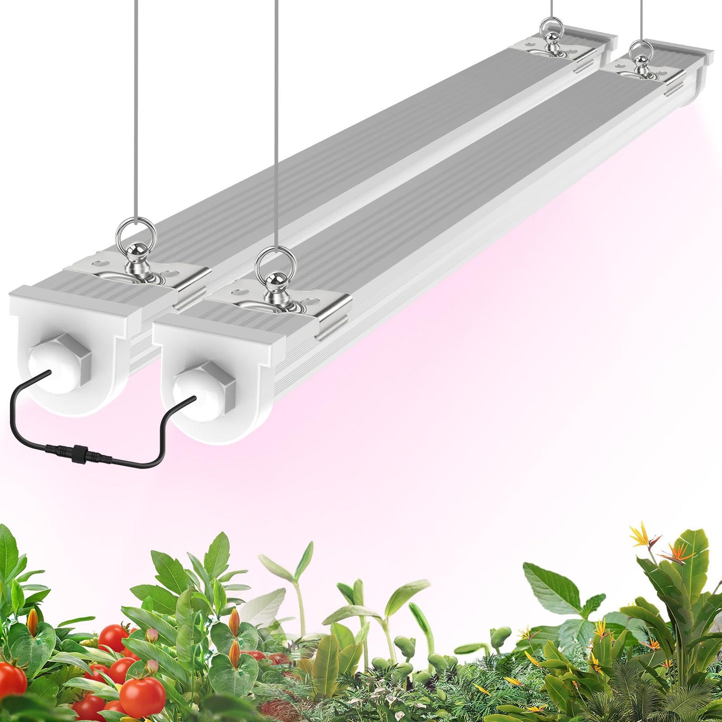 JESLED Waterproof Plant Grow Lights, 2FT Full Spectrum Grow Light, 48W(2 X 24W,300W Equiv), Linkable Led Grow Light Strip for Greenhouse, Plant Shelves, Plug and Play, Pinkish White, 2-Pack