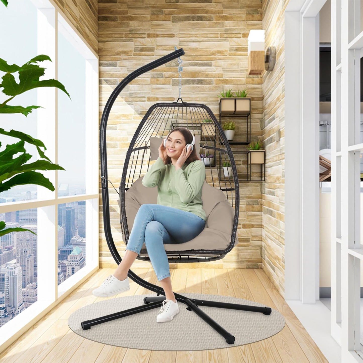 BestOffice Egg Chair Indoor Outdoor with Stand Swing Hanging Rattan Patio Basket Chair with Soft Cloud Polyester Cushion Adjustable Headset for Bedroom Outdoor Garden Swimming Pool Porch, Tan