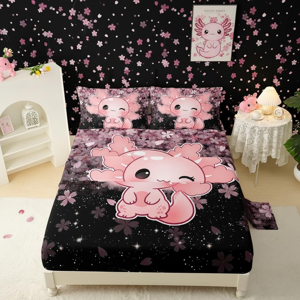 QOOMO Kawaii Axolotl Bedding for Boys and Girls Pink Cherry Blossom Super Soft Kids Bedding Set Sparkling Stars Breathable Room Decoration Queen Size 1 Fitted Sheet, 1 Flat Sheet, 2 Pillow Cases