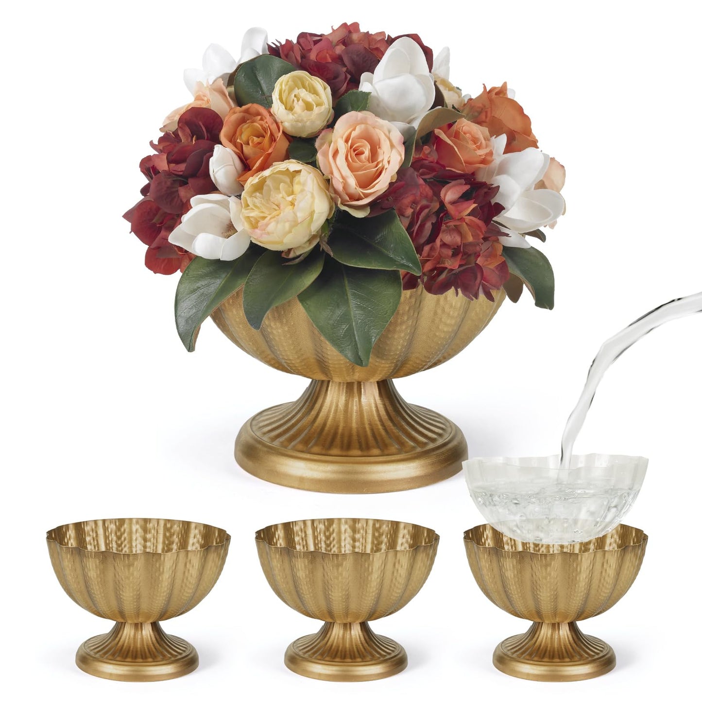 4 Pack Distressed Gold Compote Vases, 9"×6.5" Antique Pedestal Bowl with Waterproof Liner