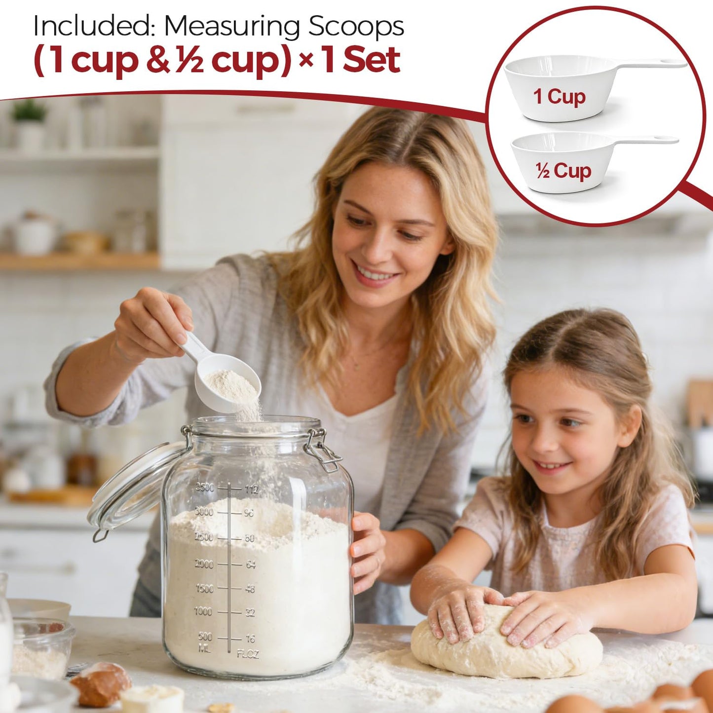 KTMAMA 1.1 Gallon Wide Mouth Glass Canisters with Airtight Lids & Measurement Marks (2-Pack) – Includes 2 Measuring Scoops & Labels, Food Storage Jars for Flour, Sugar & Baking Supplies | BPA-Free