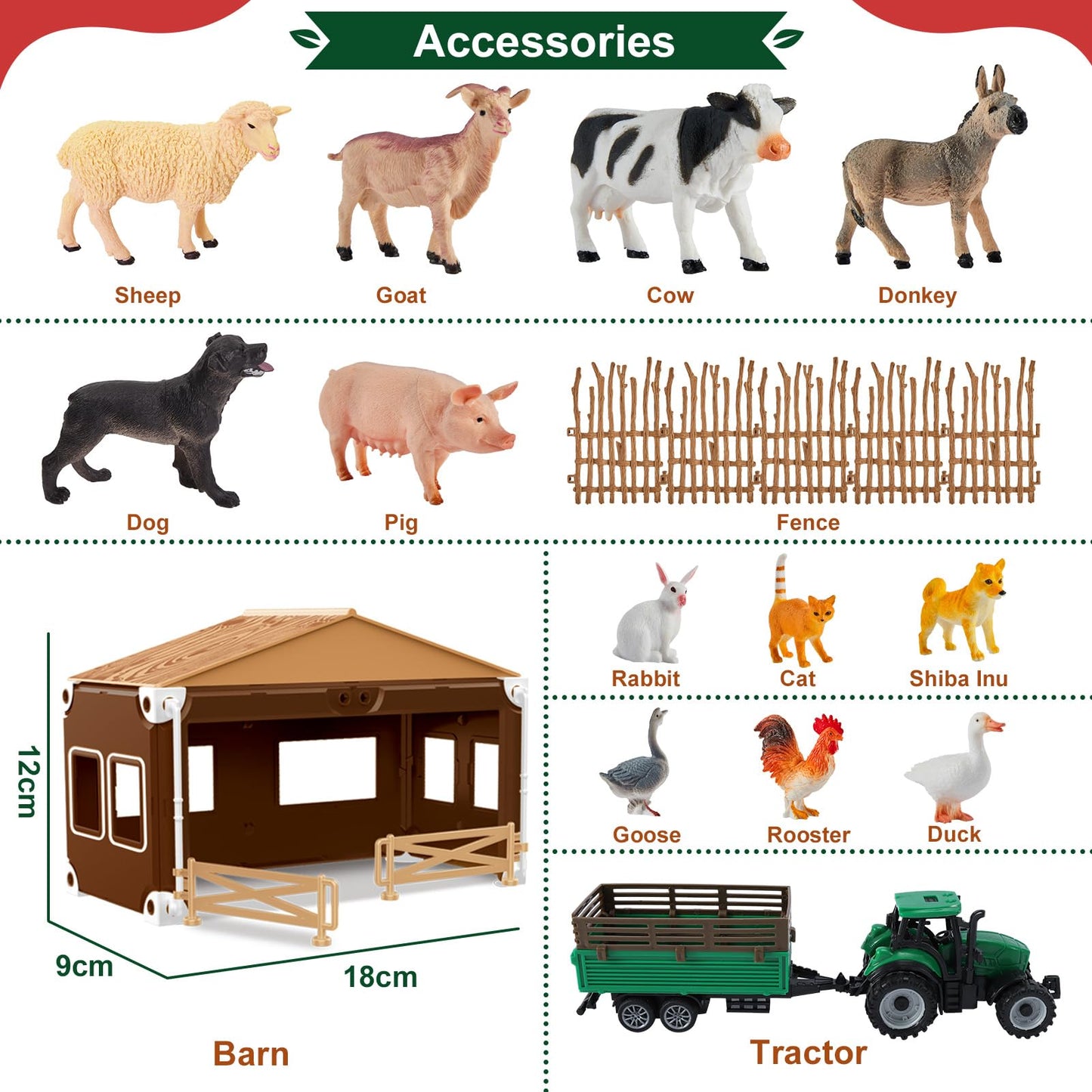 BUYGER Farm Animals Figures Set, Different Size with Tractor Trailer Vehicle Toy, Assemble Fence Farm House Barn Playset Gifts for 3 4 5 Year Olds Kids Toddler