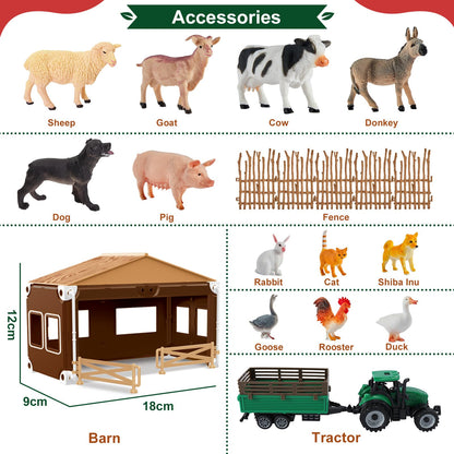 BUYGER Farm Animals Figures Set, Different Size with Tractor Trailer Vehicle Toy, Assemble Fence Farm House Barn Playset Gifts for 3 4 5 Year Olds Kids Toddler