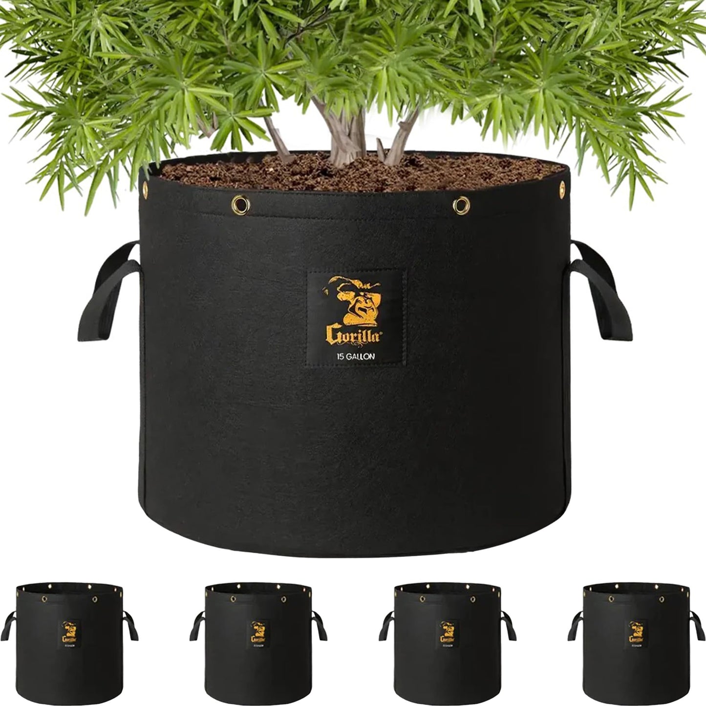 GorillaGrow Tent 15 Gallon Fabric Grow Bags – Heavy Duty, Thick 600g Fabric, BPA-Free, Reinforced Handles & Metal Grommets for Indoor/Outdoor Plants, Air Pruning Pots for Bigger Yields - 4 Pack