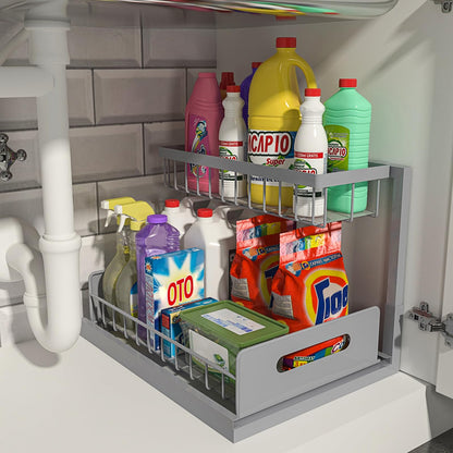 REALINN Under Sink Organizer, Pull Out Cabinet Organizer 2 Tier Slide Out Sink Shelf Cabinet Storage Shelves, Storage for Kitchen Bathroom, White, 2 Pack