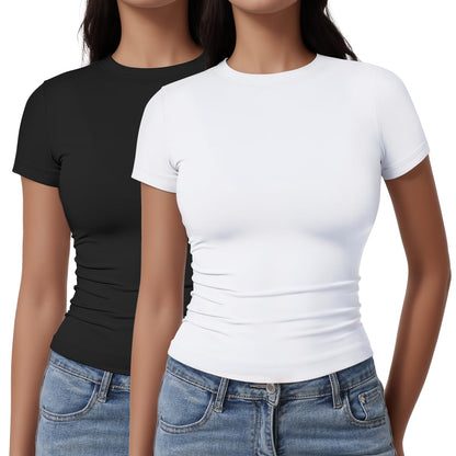 Womens Casual Basic Crop Tops Summer Autumn White Black Short Sleeve Crew Neck T Shirts Slim Fit Tees Plain Going Out Y2k Plain Cute Tops Tight Fitted Compression Baby Tee Shirts Trendy Clothes 2025