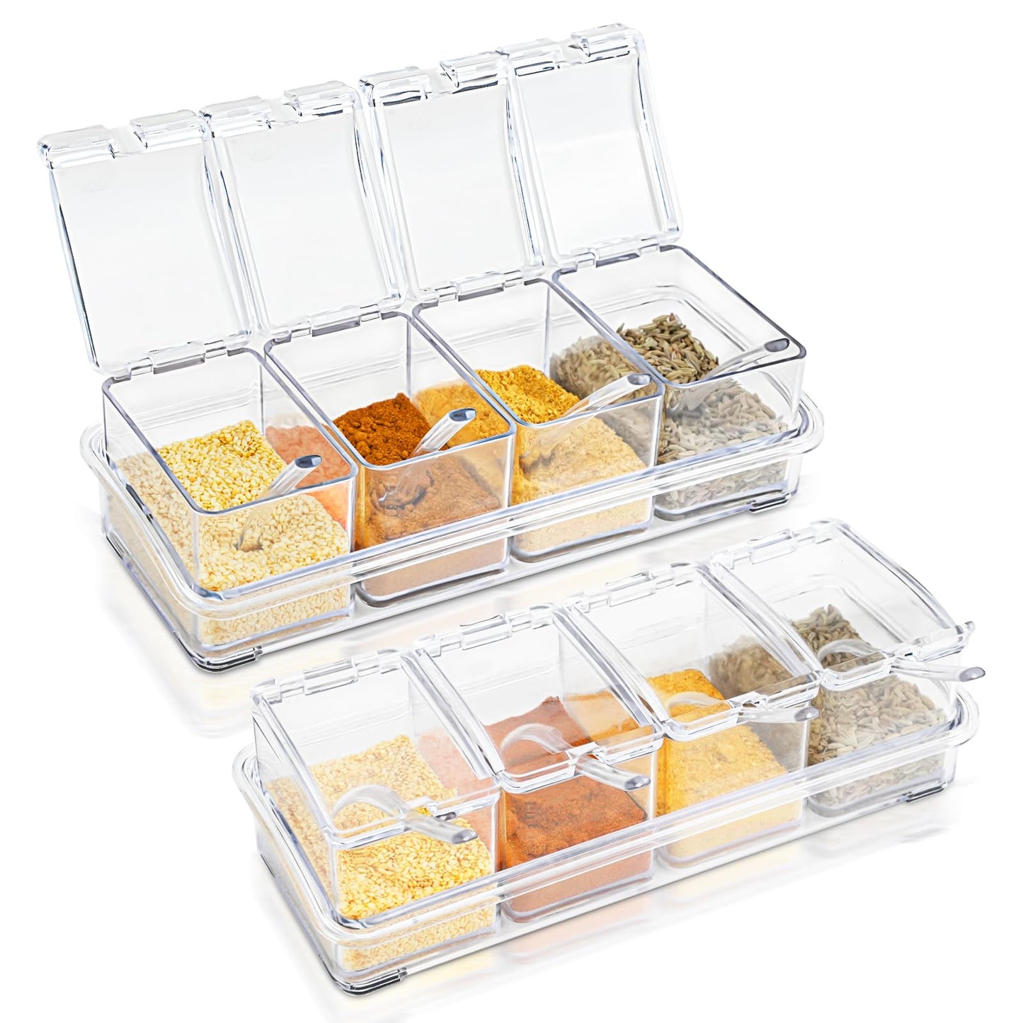SHAIDOJIO Clear Seasoning Box, 8 Pcs Spice Storage Pots Condiment Container Boxes with Lids and Spoons, Seasoning Rack Spice Jar, Kitchen Seasoning Organizer for Salt, Sugar, Cocoa, Ice Cream Toppings
