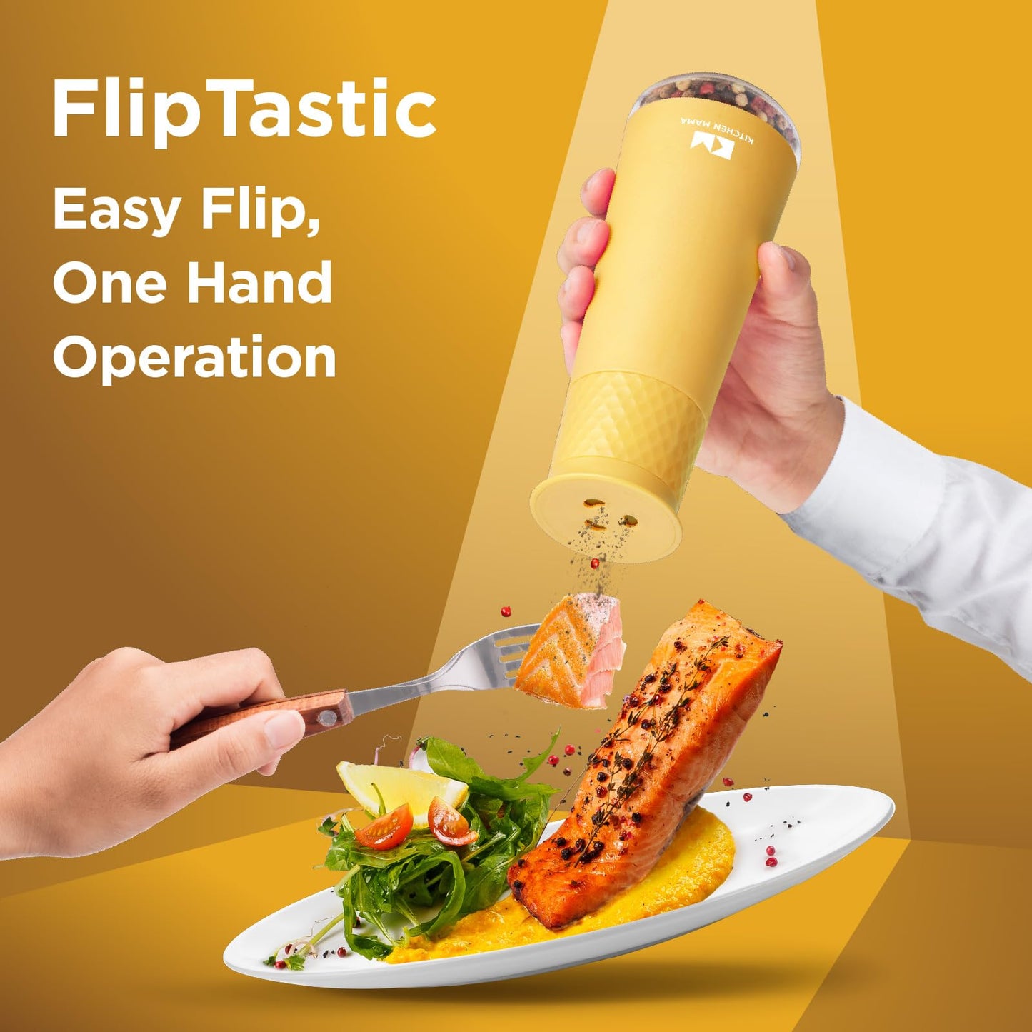 Kitchen Mama FlipTastic Rechargeable Salt and Pepper Grinder – Gravity Electric Grinder, Pepper Mill, Adjustable Coarseness, One-Hand Operation, Refillable Salt and Pepper Mill for Kitchen (Yellow)
