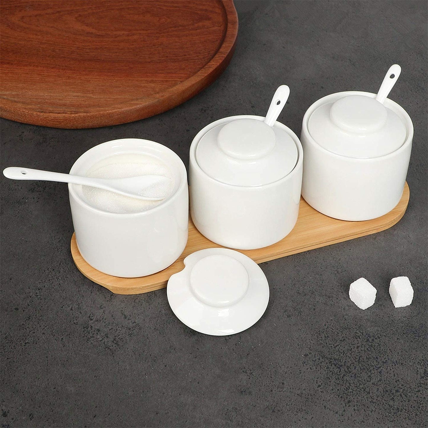 ONTUBE Ceramic Condiment Jar Set of 3 with Tray, Condiment Pot 8oz (White)