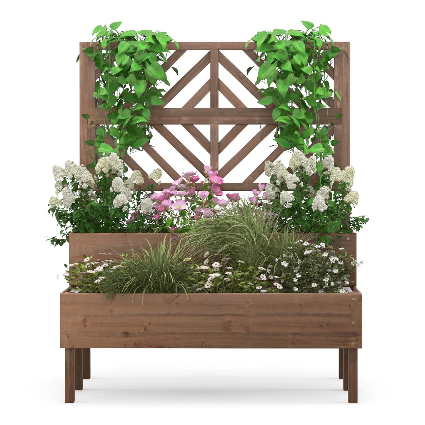 LDAILY Raised Garden Bed with Trellis & 2 Planter Boxes, 2-Tier Wooden Raised Bed with Bottom, Elevated Legs & 10 Drainage Holes, Gardening Planter Box for Flowers/Vegetables/Fruits in Backyard Patio