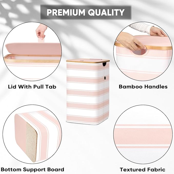BALEINE Laundry Hamper with Lid, Tall Laundry Baskets with Bamboo Pull Handles