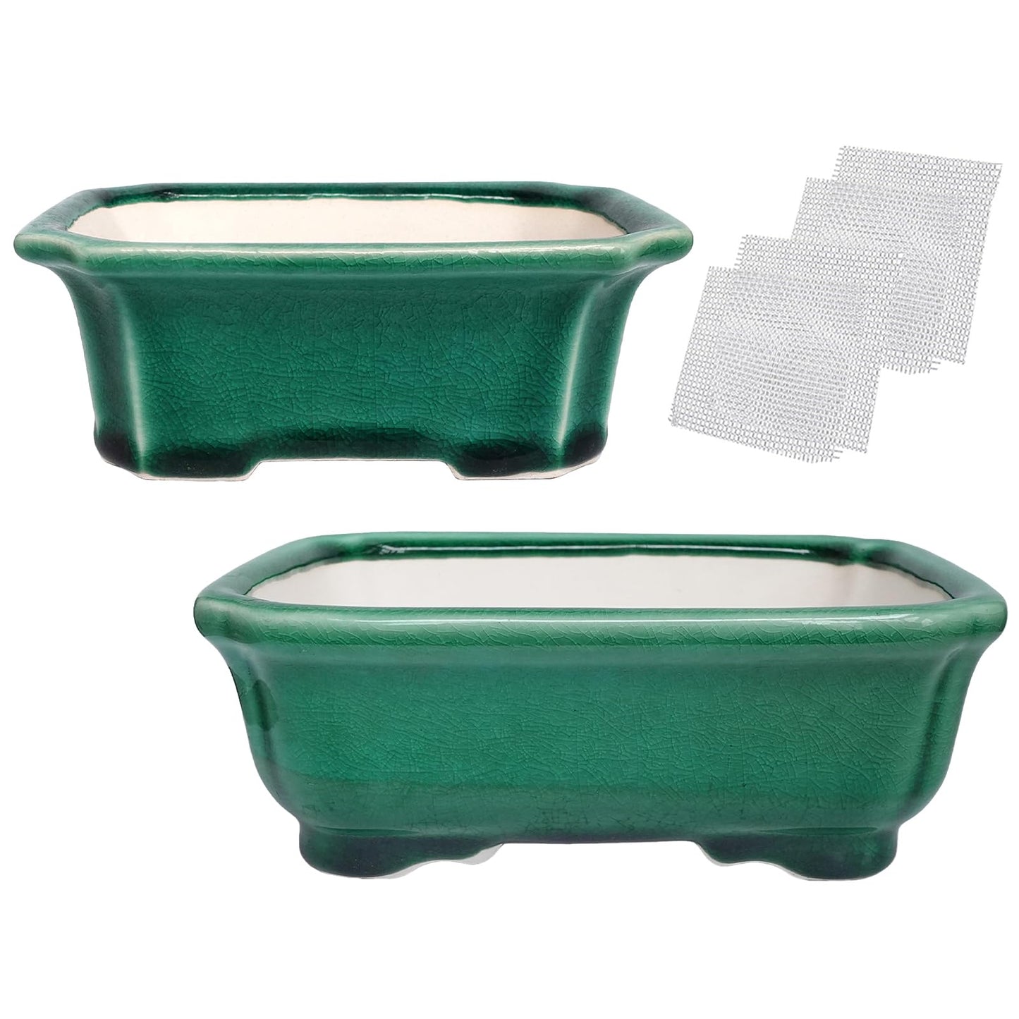 Set of 2 Zisha White Clay Bonsai Pot Glazed Shallow Succulent Planter Green