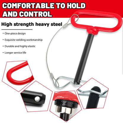 HUAREW 1/2 x 4 Inch Trailer Hitch Pin, Trailer Gate Pin for Towing Tractor, Lawn Mower, Car, Rubber Handle, with Safety Clip Anti-Loss Rope (Pack of 2