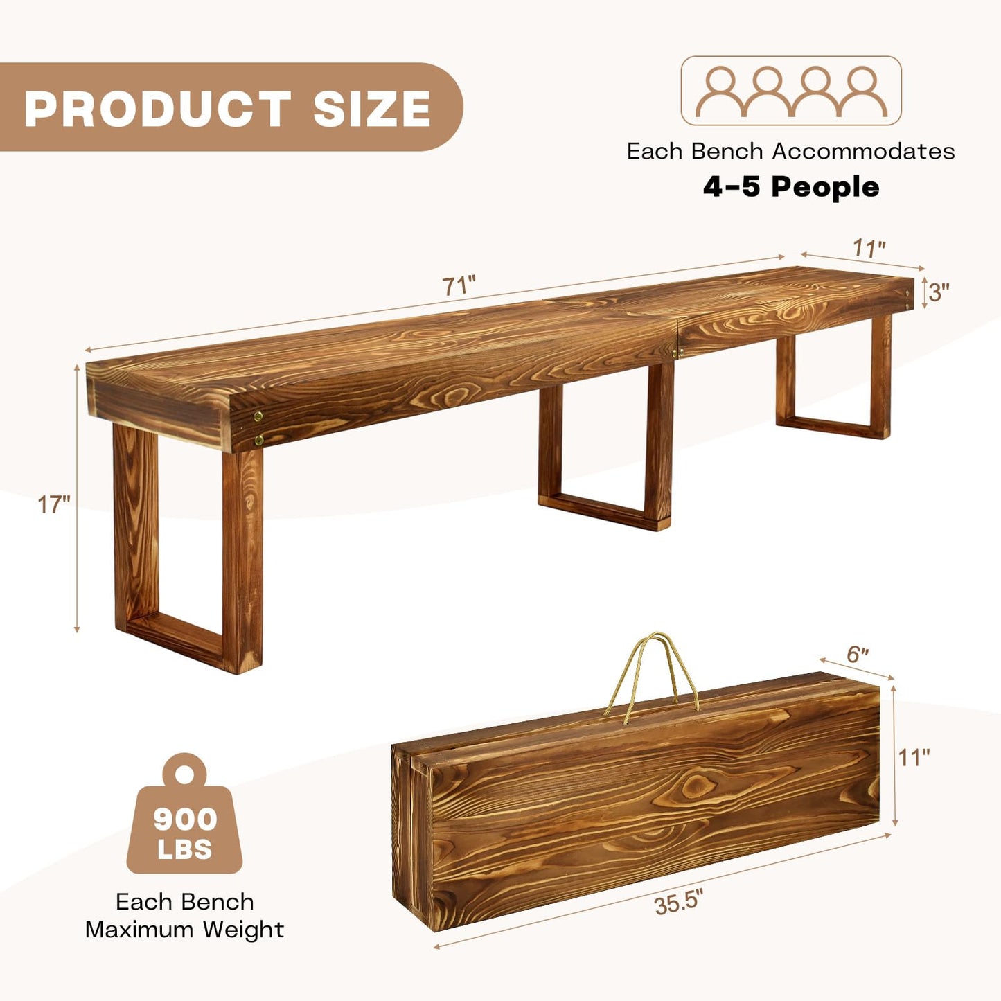 YEXINGlow 6Ft Outdoor Solid Wooden Bench, 71" Porch Bench Outdoor Backless Garden Bench, Long Outdoor Narrow Wood Bench for Deck Patio Entryway,Bears 900 pounds