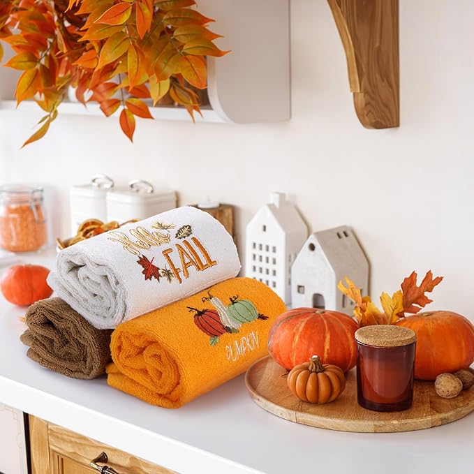 3 Pcs Fall Pumpkin Hand Towels for Bathroom Embroidered Bathroom Towels