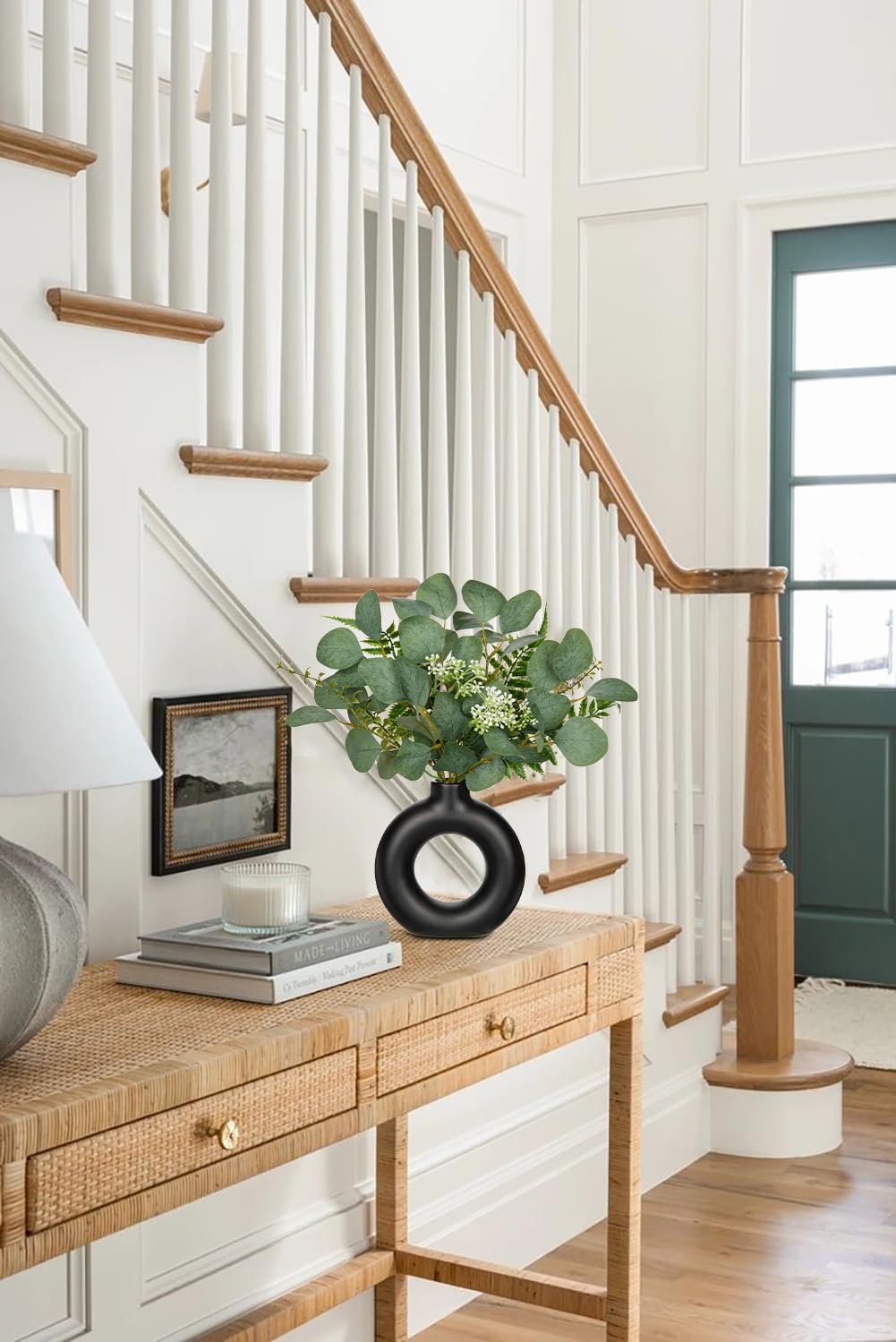 Artificial Eucalyptus Stems in Ceramic Vase 14.23" Fake Eucalyptus Plant Decor Black Donut Vase with Greenery Centerpiece Table Decorations Small Faux Green Plant for Home Farmhouse Wedding Table