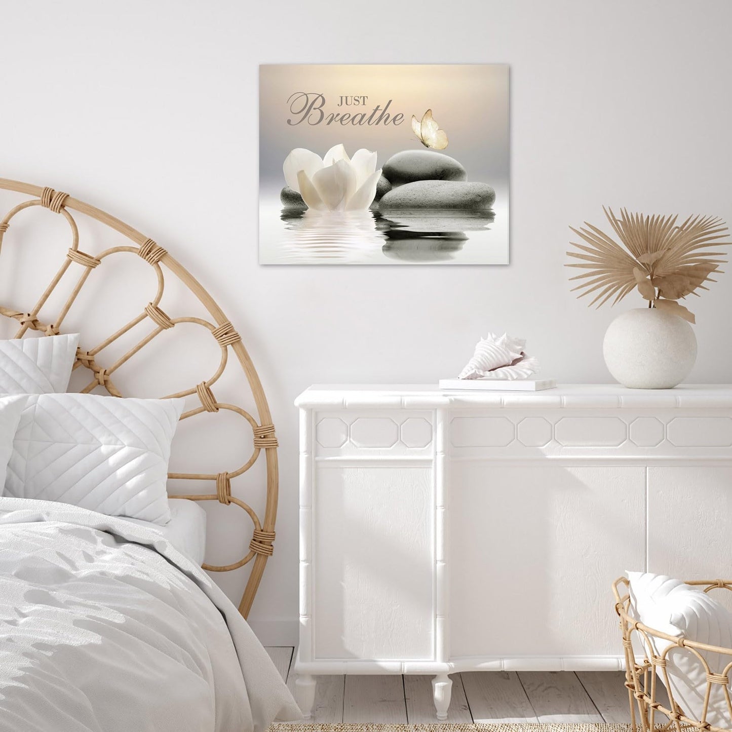 EOBTAIN Zen Flower Canvas Wall Art Bathroom Butterfly and Water Lily Stone Relaxing Spiritual Yoga Framed Wall Art Just Breathe Pictures Canvas Wall Decor for Living Room Bedroom,12x16 Inches