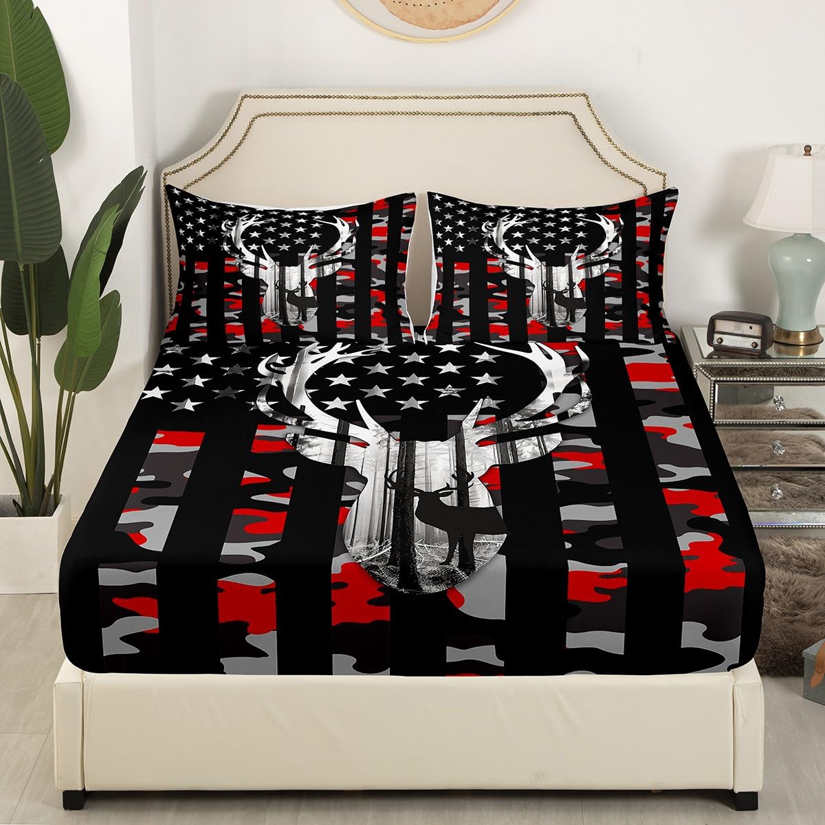 Kids Camouflage USA Flag Bed Sheet Set King Size,Wild Animal Deer Antlers and Trees Quality Brushed Microfiber Luxury Bedding Set, Red Camo American Flag Bedding (1 Fitted,1 Flat,2 Pillowcases)