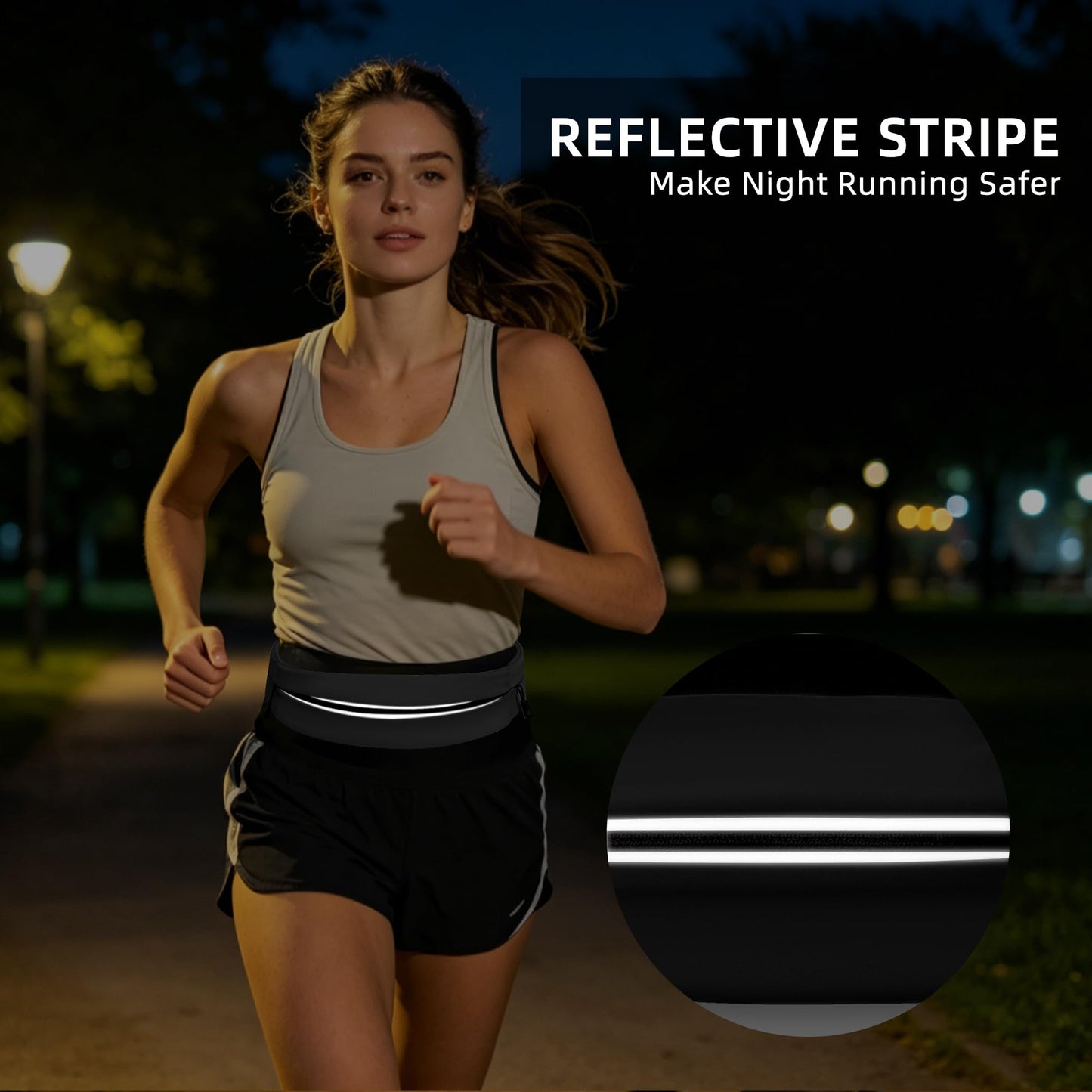 Running Belt for Men Women, Water-resistant Fanny Pack with 3 Zipper Pockets & Reflective Safety Strips, Adjustable Waist Pack Jogging Pouch for Phone, Keys & Essentials (Black, Large)