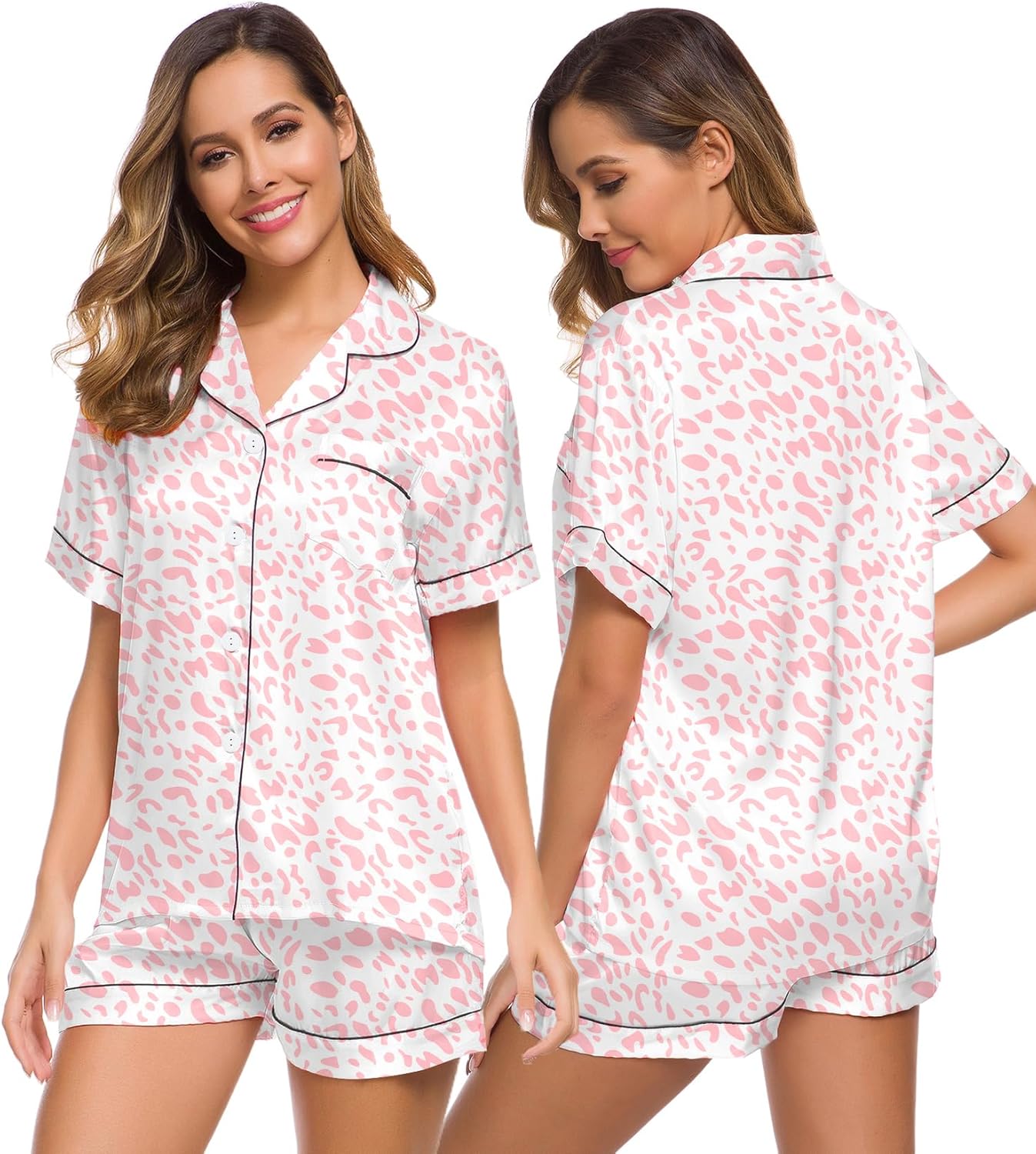 SWOMOG Womens Silk Satin Pajamas Set Short Sleeve Sleepwear Button Down Top and Shorts Loungewear 2 Piece Pjs Set XS-3XL