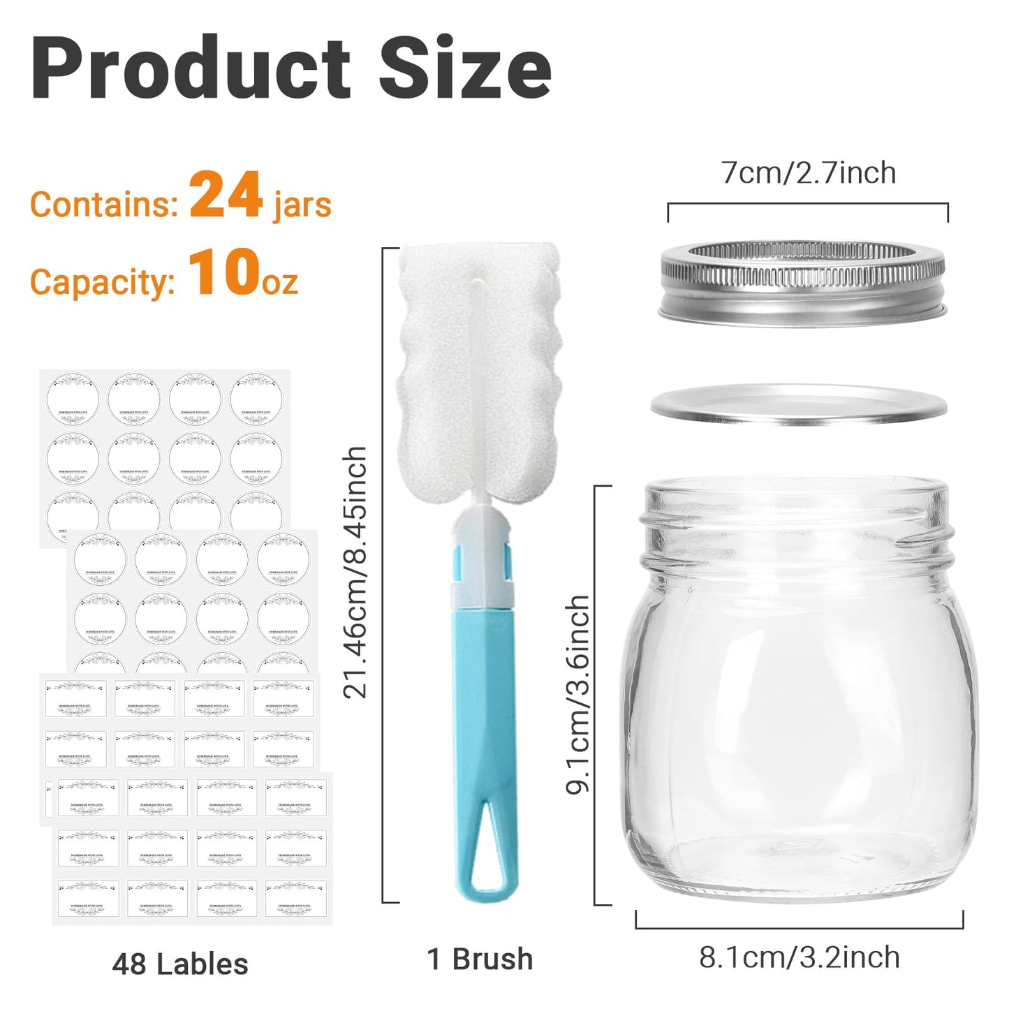 DHSBTLS Glass Regular Mouth Mason Jars, 24 Pack 10 oz Glass Canning Jars with Silver Aluminum Lids and Bands, Airtight Jars for Food Storage, Canning, Overnight Oats, Fermenting, Pickling, Decor