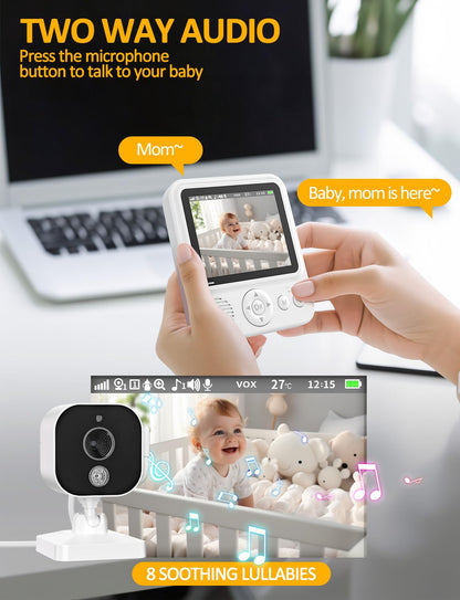 BURNNOVE Baby Monitor with Camera and Night Vision 720P IPS Video Baby Monitor with Camera 2000mAh 2.8'' VOX Mode Safe No Wi-Fi Digital Zoom 2-Way Audio Temperature Sensor Feeding Alarm for Parents