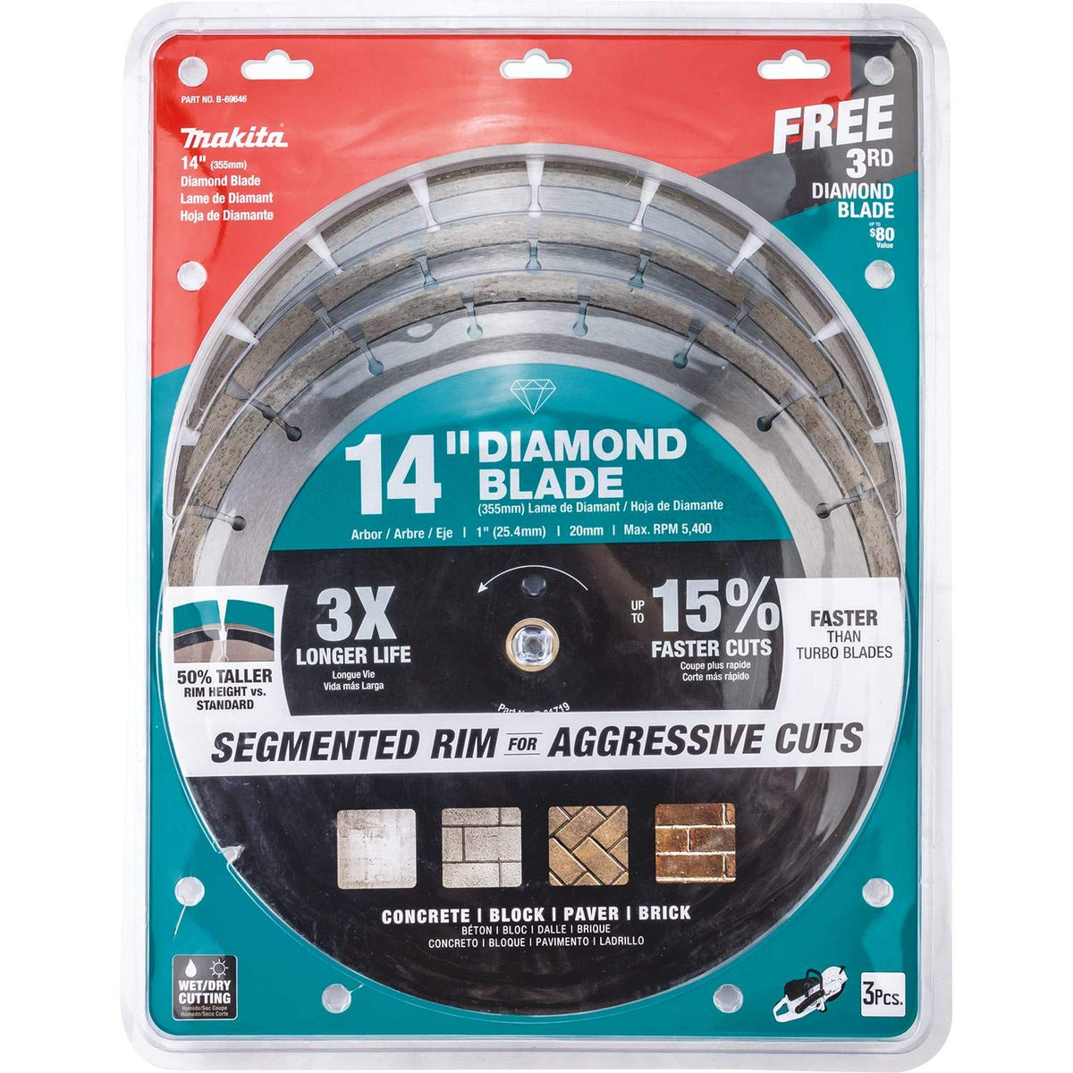 Makita B-69646 14" Diamond Blade, Segmented, General Purpose, Contractor 3/Pk
