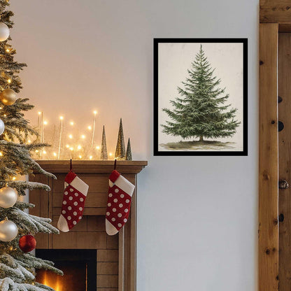 Generic Vintage Christmas Tree Print, Rustic Winter Tree Art, 11x14 inch + Black Framed