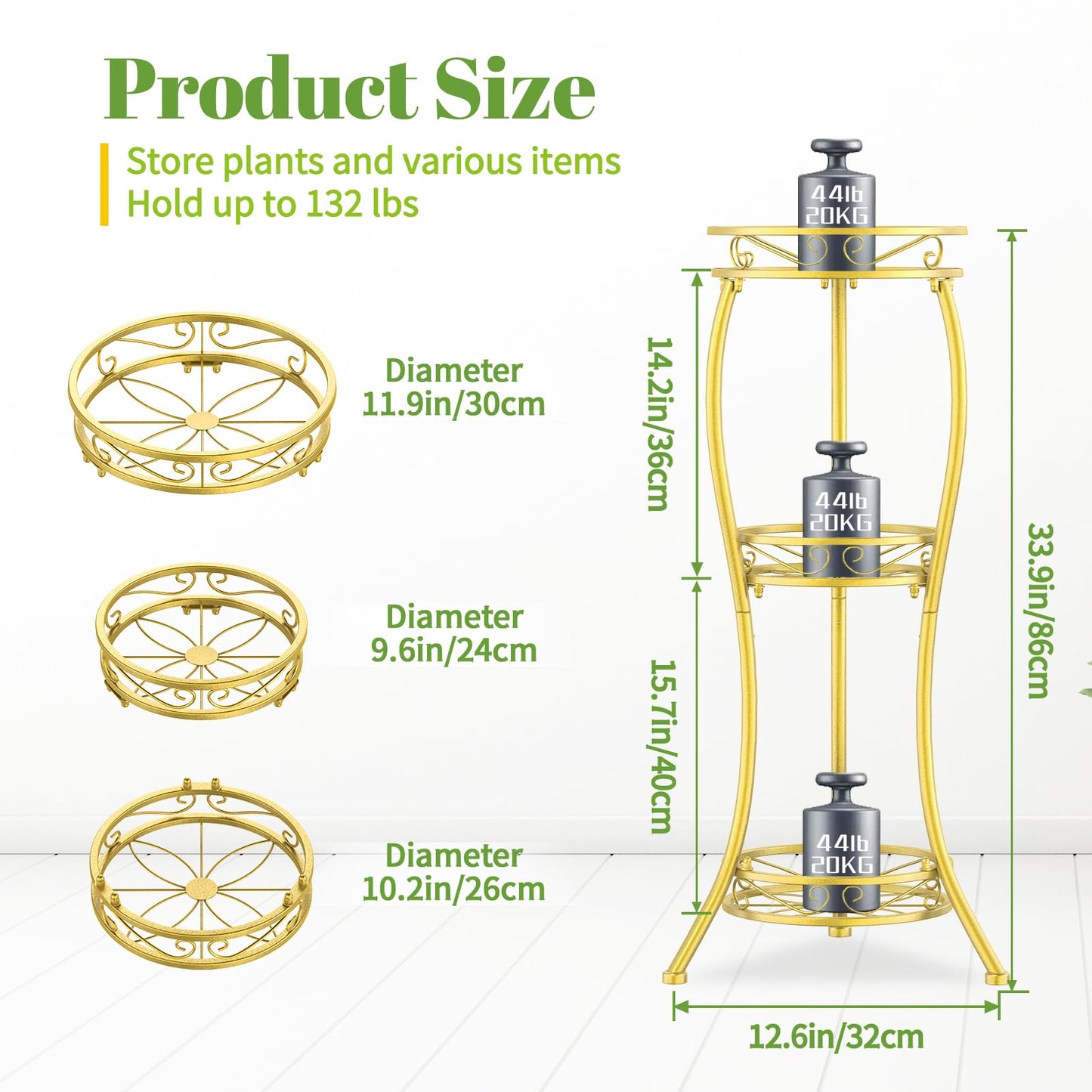 iDavosic.ly 3 Tier Tall Metal Plant Stand Indoor Outdoor, Wrought Iron Corner Flower Pot Holder Shelf, 34 Inch Vertical Display Rack for Patio Porch Living Room Garden, Gold