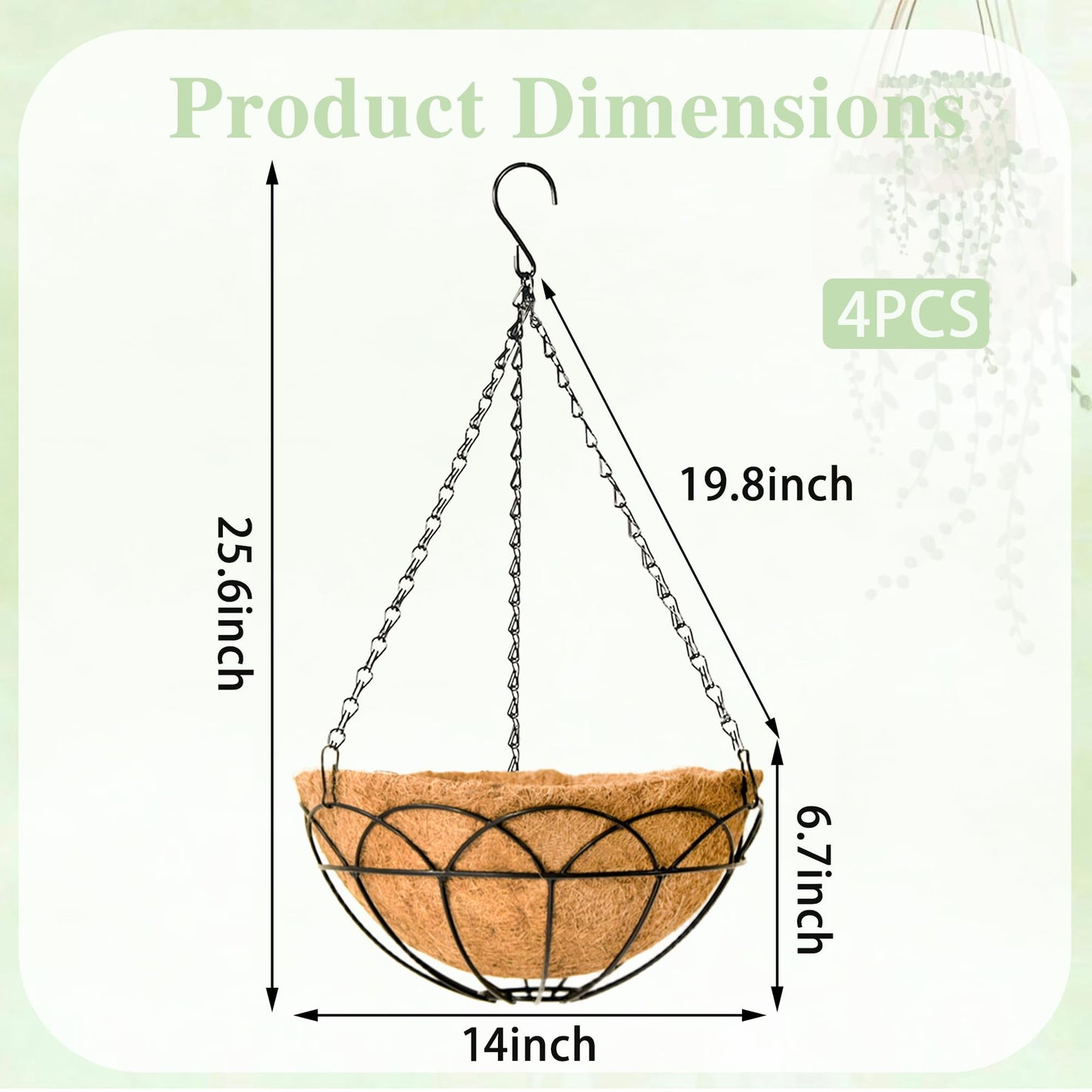 EIMQUVW 4-Pack Outdoor Metal Hanging Baskets 14 Inches Black Round Flower Pot with Coconut Fiber Lining Decorative Wire Hanging Planter Suitable for Patios Gardens and Walls