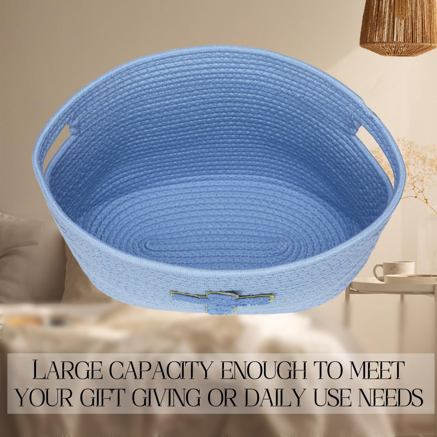 Sliner Christian Gifts Basket with Handles, Christian Cross Design Cotton Rope Basket Gifts Stuffers Storage for Christenings Religious Christmas Occasions, 15 x 10 x 9 Inch(Blue)