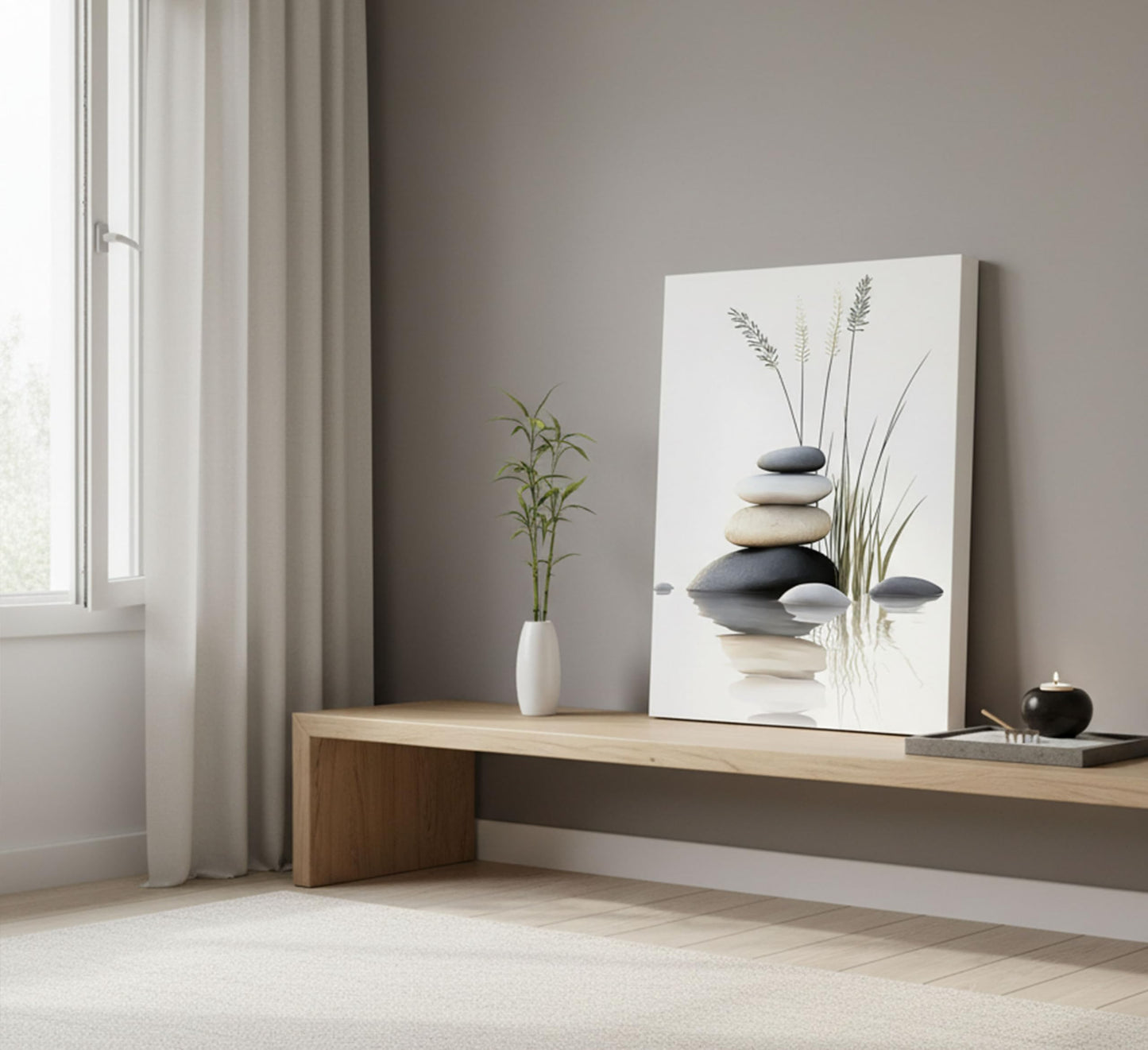 Zen Stone Canvas Wall Art Stacked Stones in Water with Grasses Painting Picture Wall Decor Poster Print Suitable for Yoga Meditation Room Bathroom Bedroom Study Home Decoration