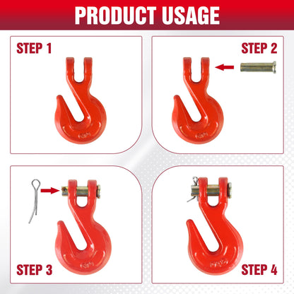 3/8" Clevis Grab Hooks (4 Pack) Heavy Duty Chain Hook for 3/8 Inch Grade 70 Chain Forged Alloy Steel- for Trailer Truck Transport - Yellow Chromate Finish - 7,500 lbs