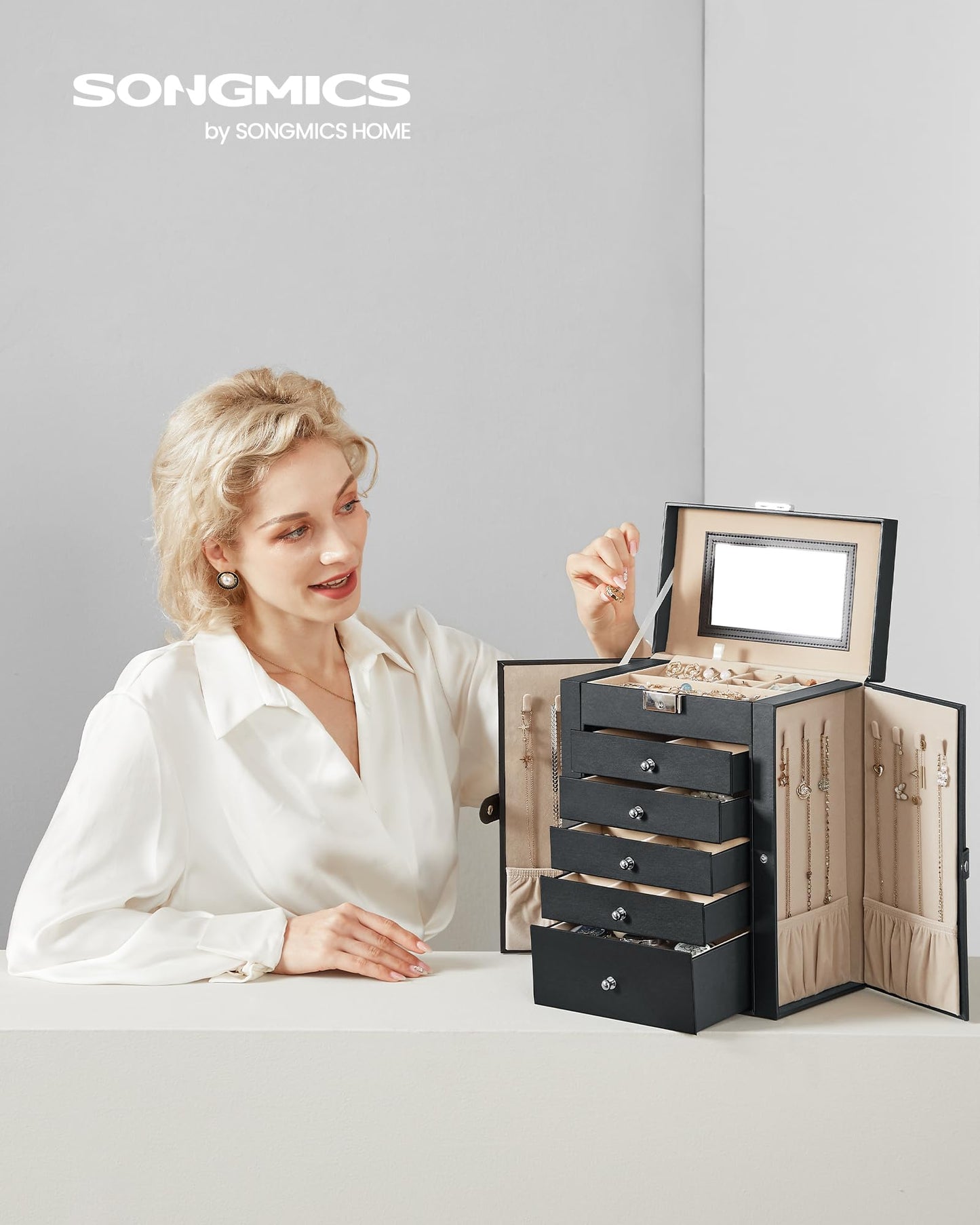 SONGMICS Jewellery Box 6 Tiers, Jewellery Case with 5 Drawers, Large Storage Capacity, with Mirror, Lockable, Jewellery Storage Organiser, Gift for Loved Ones, for Watches, Black JBC152B01