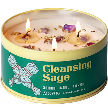 AOOVOO Sage Candle for Cleansing - 3 Wick 12oz Large Scented Candle with Crystals & Sage Leaves Inside, Soy Candles Non Toxic for Meditation Spiritual Gift, Aromatherapy Candle for Women Men