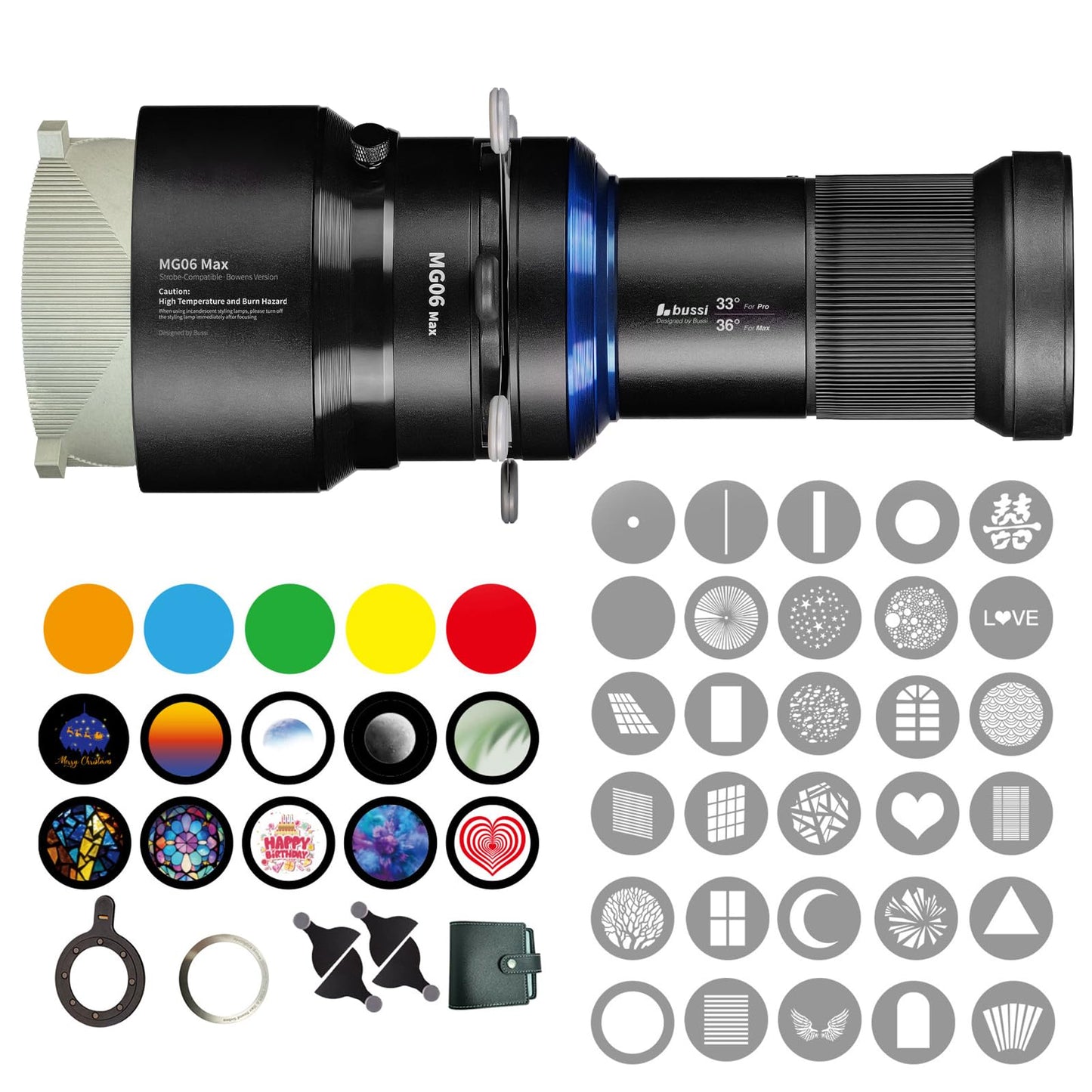 Bussi MG06 Max Bowens Mount Snoot with 40 Gobos, 36° Lens Optical Snoot Spotlight for Photography Video Shape Light Studio,GOBO Light, Strobe Bowens Mount