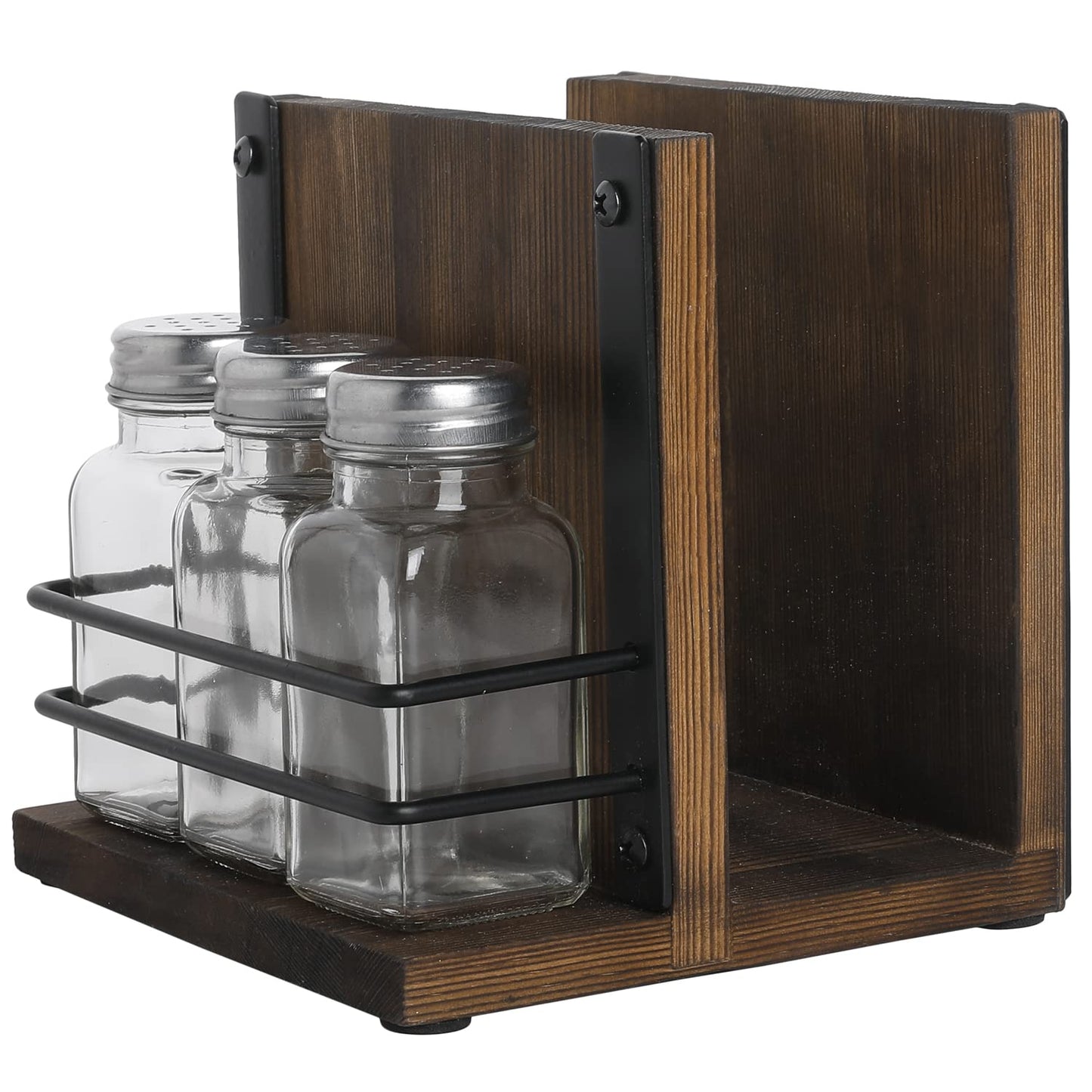 MyGift Napkin Holder with Salt and Pepper Shakers Set, Wood Tabletop Napkin Dispenser with Condiment Organizer and 3 Glass Shakers, Rustic Kitchen Décor